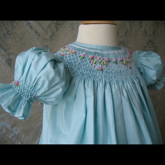 Dusty Blue Smocked Bishop Dress 100% Cotton, New - Picture 2 of 8